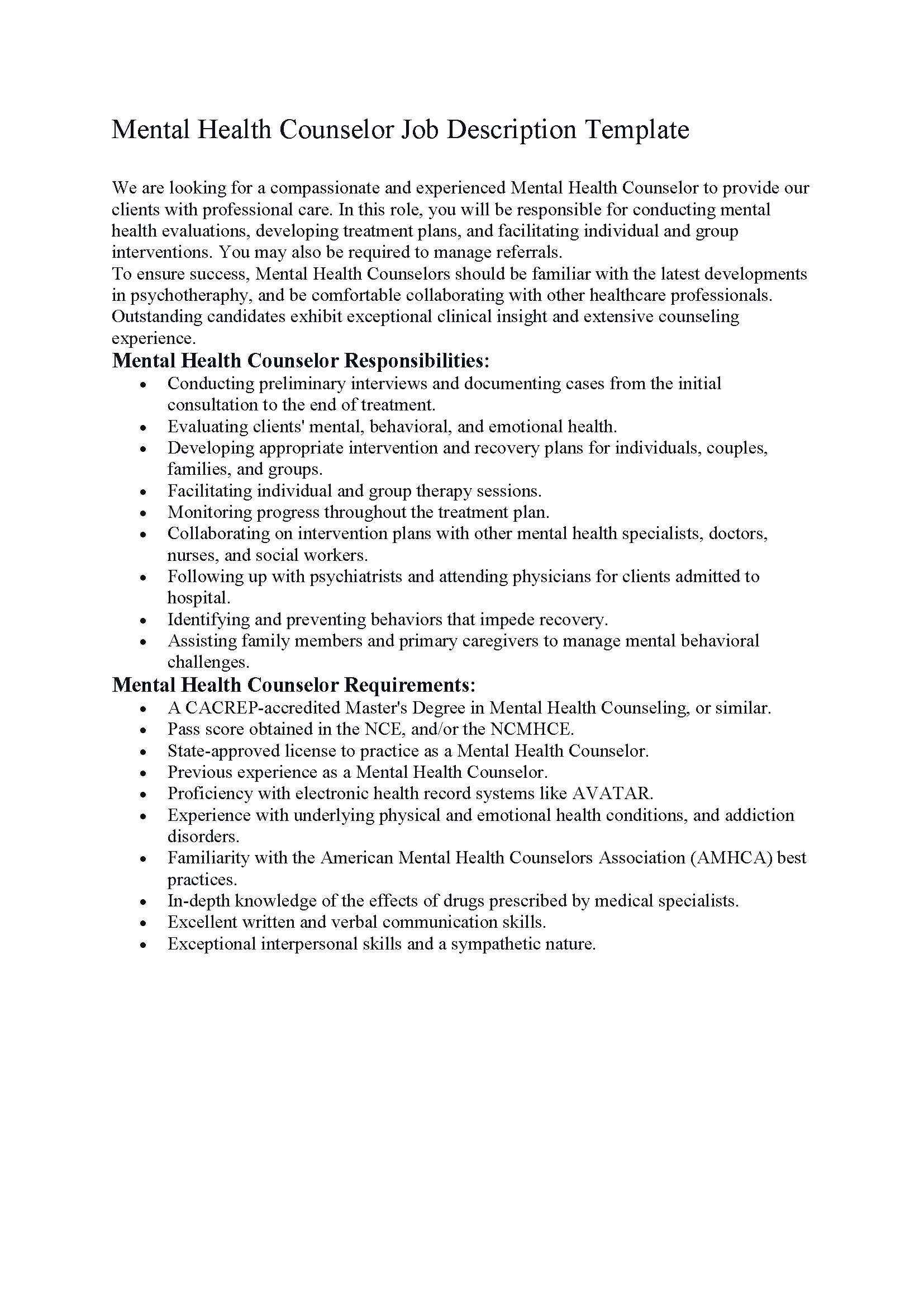Mental Health Counselor Job Description Template